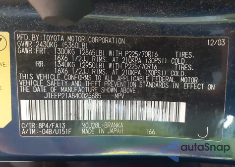 2004 Toyota Highlander V6 z USA, uszkodzony, nr VIN JTEEP21A840025685